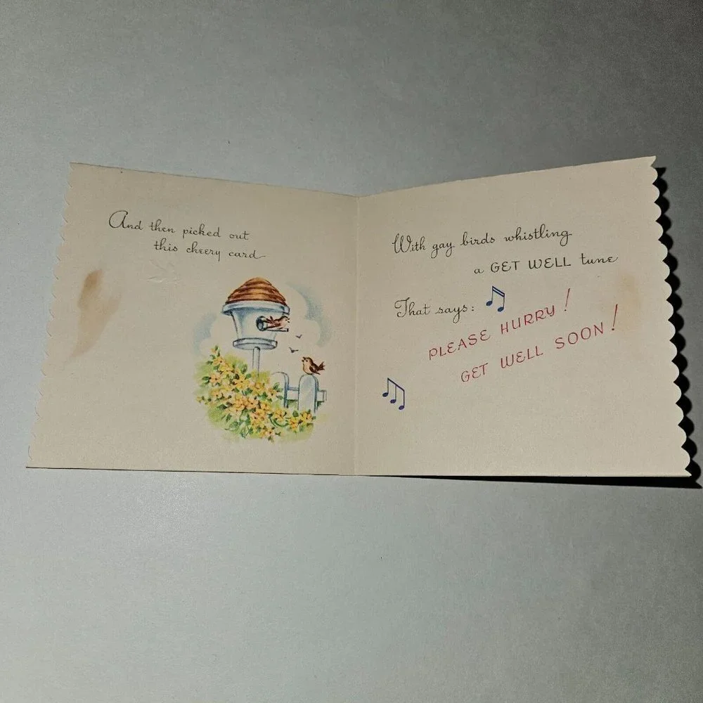 VTG Get Well Greeting Card Boy Girl Gay Birds Whistling Tune Scalloped Edge 4x4